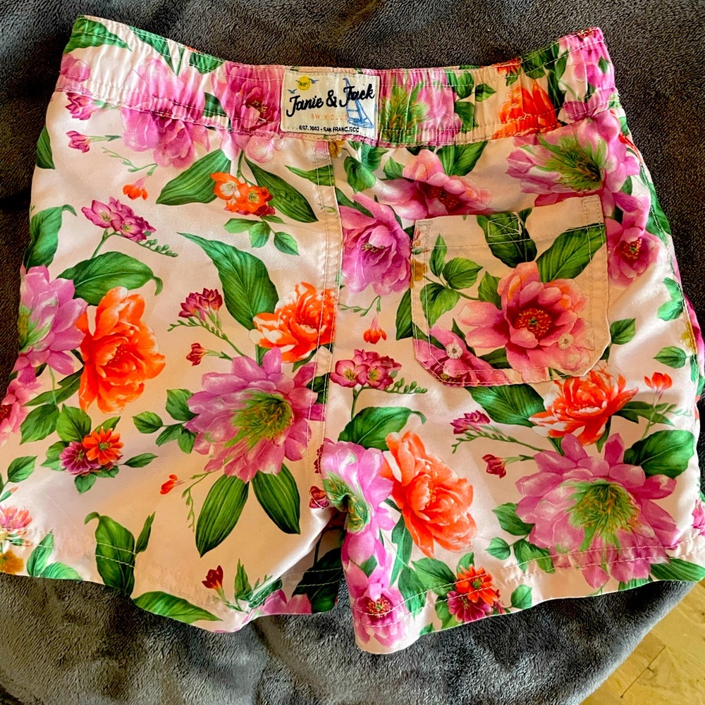 Janie and Jack 5T floral pink swim shorts.